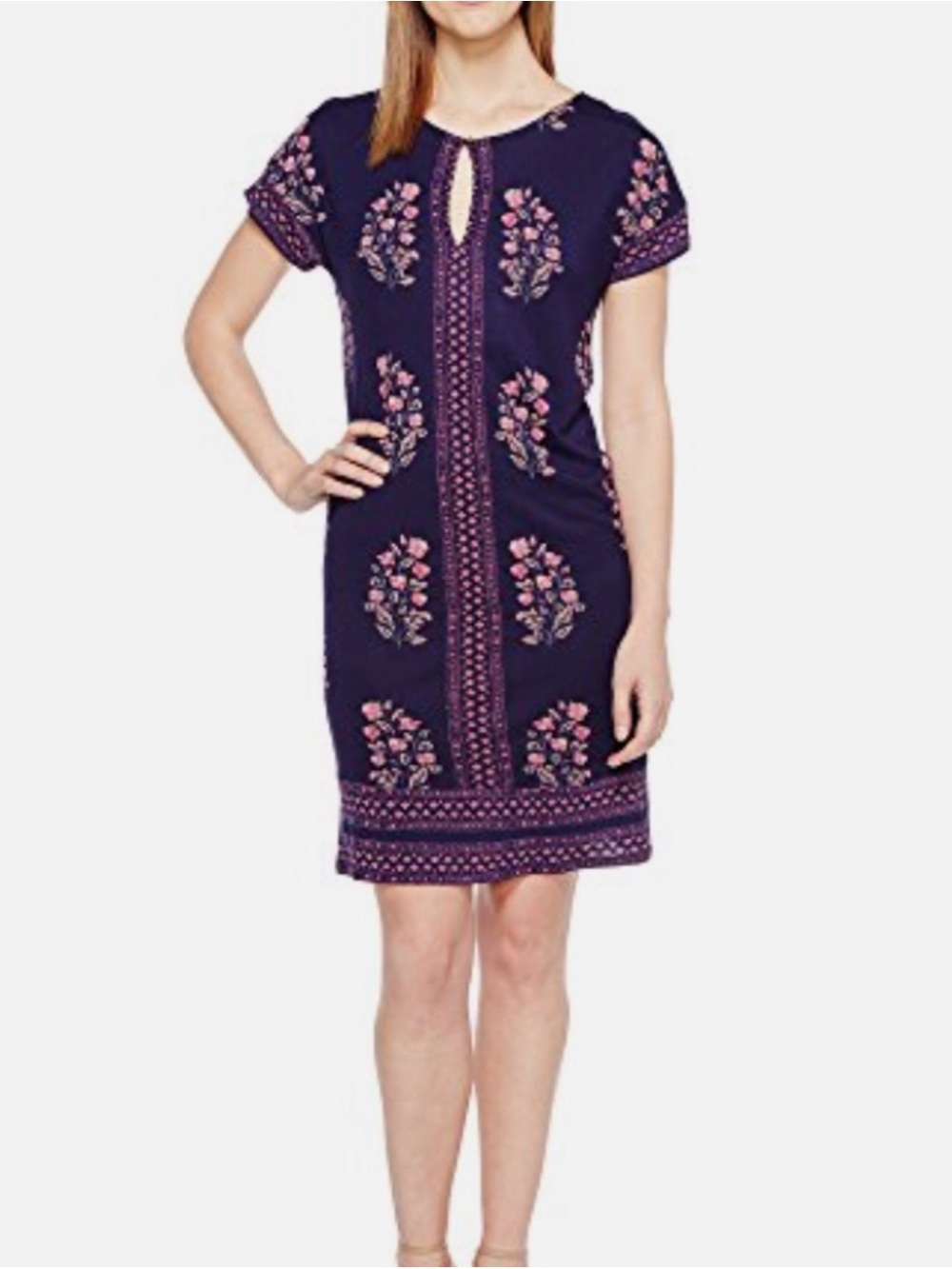 Lucky Brand Navy Blue Mini Dress with Pink Floral Embroidery